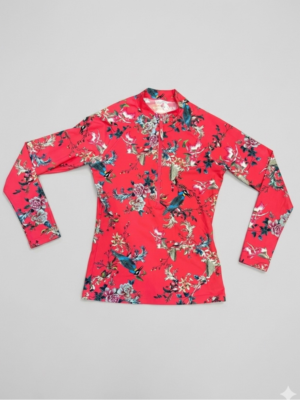 Johnny Was Coral-Pink Floral Long-Sleeve quarter Zip Surf Top rash guard Small